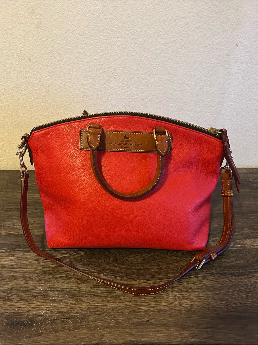 Dooney & Bourke Tomato Red Vachetta Leather Satchel 2 Way Bag